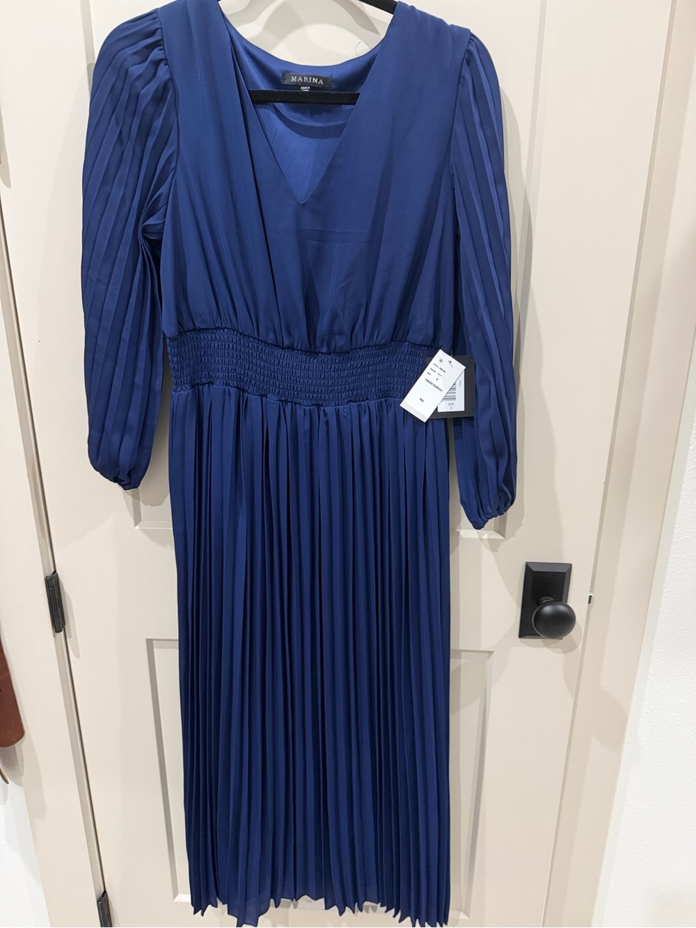 MARINA Cobalt Blue Pleated Long-Sleeve Midi Wedding Dress